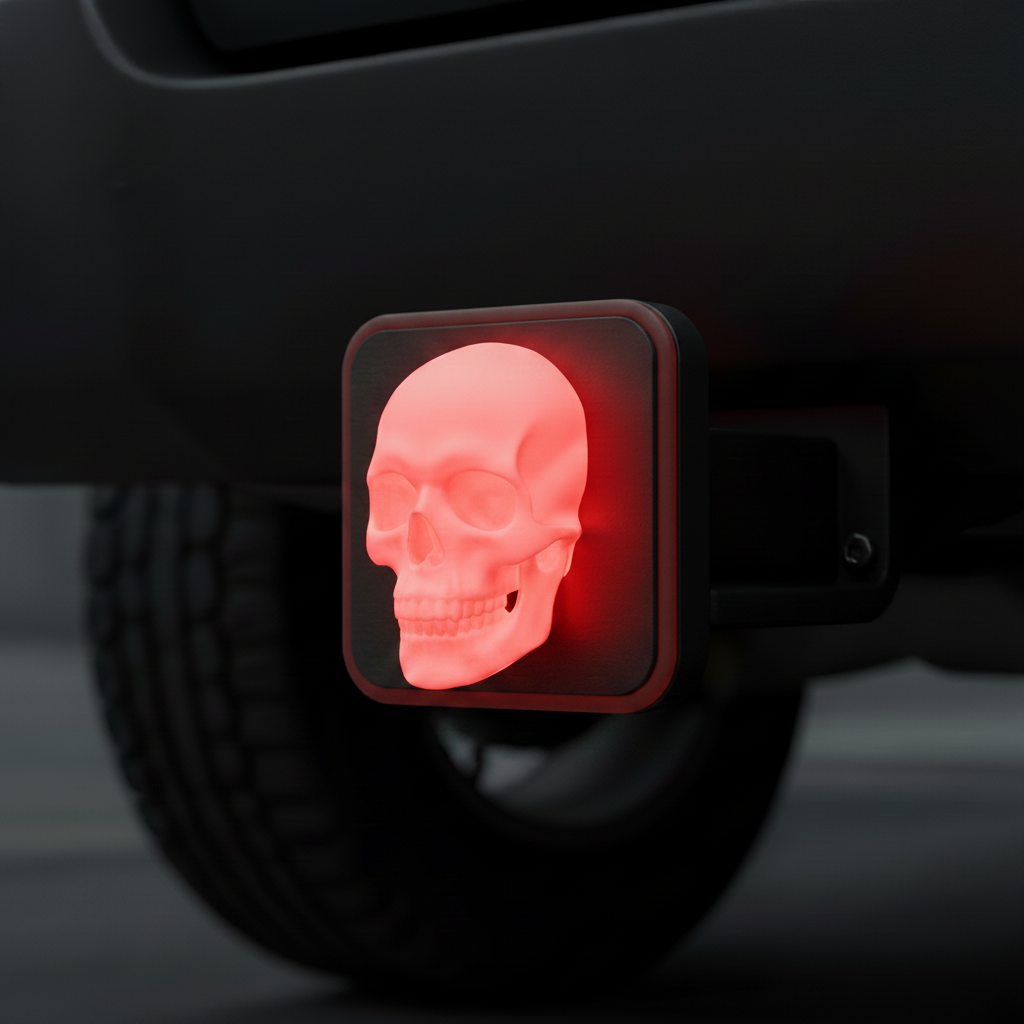 3D sculpted skull glowing red on matte black sharp-cornered square hitch cover with no border or strip lighting
