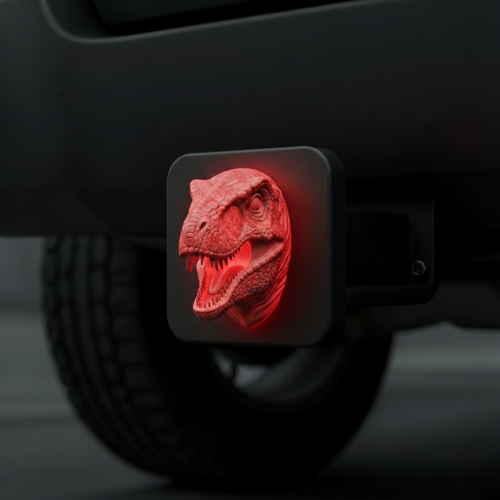 Custom 3D sculpted velociraptor head glowing red on matte black sharp-cornered square hitch cover, no border lighting