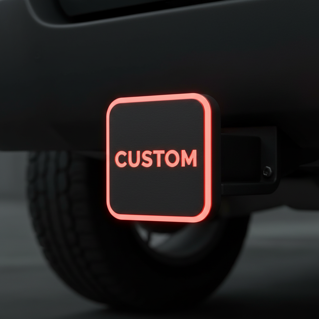 3D Printed square red LED hitch cover with glowing CUSTOM letters and sharp corners